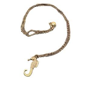 J Crew Gold Tone Rhinestone Seahorse Pendant Beaded Satellite Chain Necklace 27”